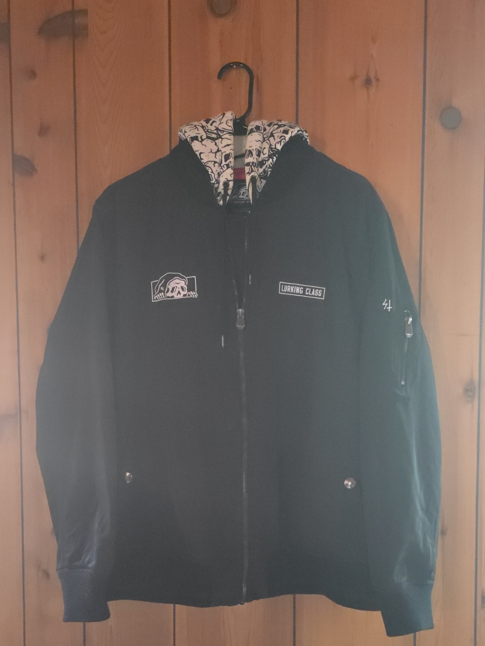 Lurking Class Black Bomber Jacket with Skull-Lined Hood